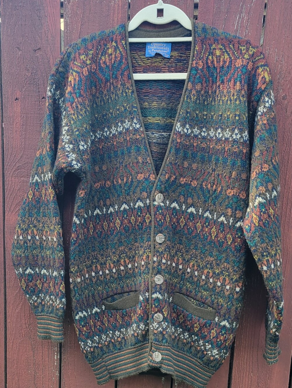 VTG Pendleton Multicolor Virgin Wool Cardigan Sweater Pockets Grandpa Academia